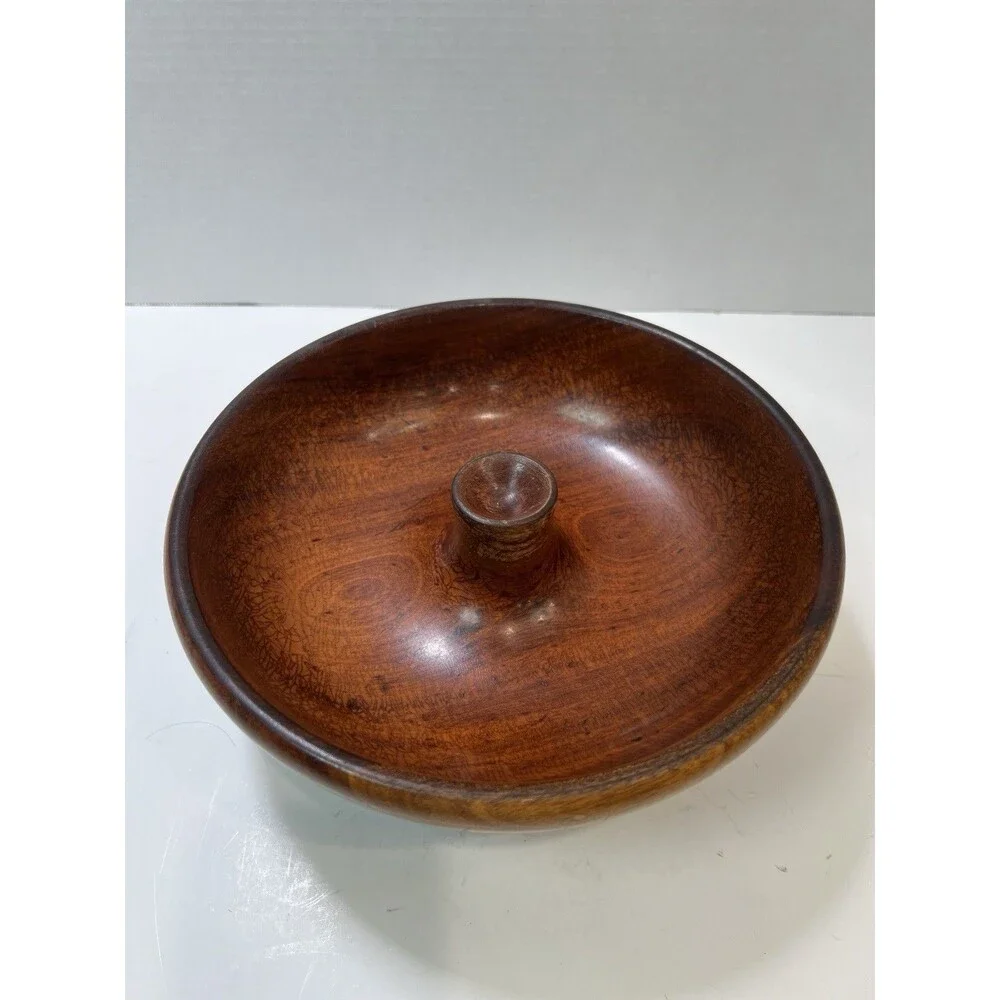 Vintage Real Wood Nut Bowl MCM Mid Century Modern 9.5” Turned Center Nut Cracker